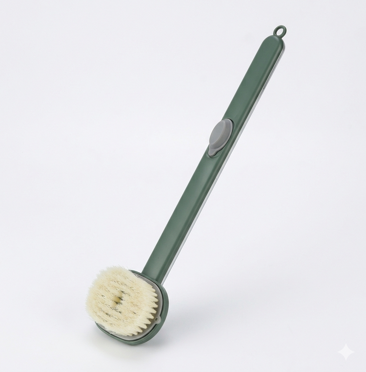 Green dish brush with bristle head on a white background