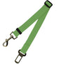 Green dog leash with metal clip and black buckle on a white background