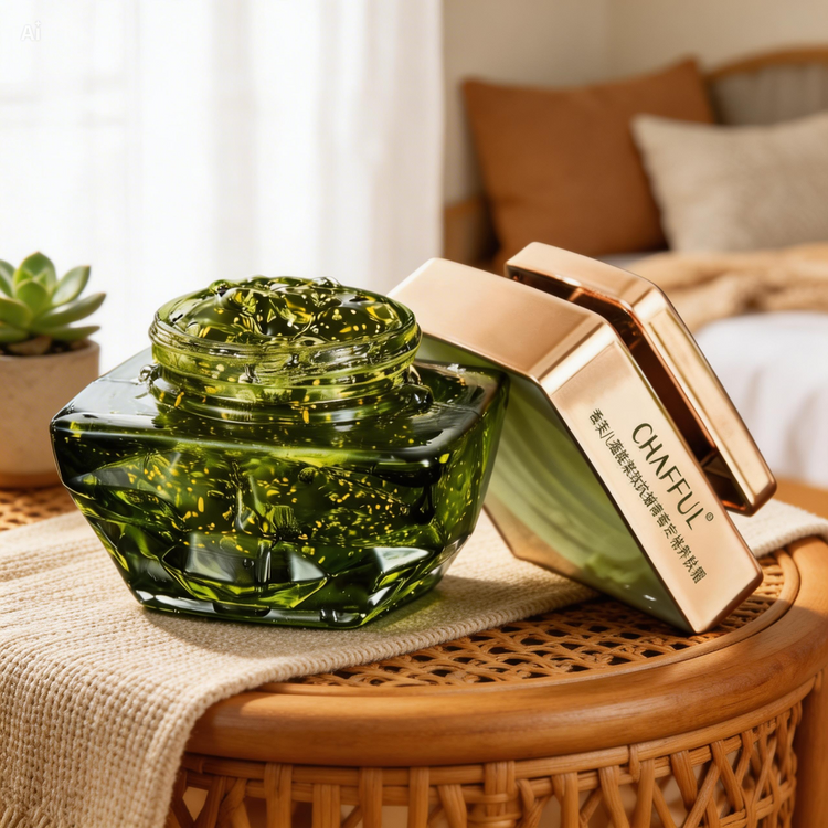 Green jar with a gold lid on a woven surface, with a blurred indoor setting in the background.