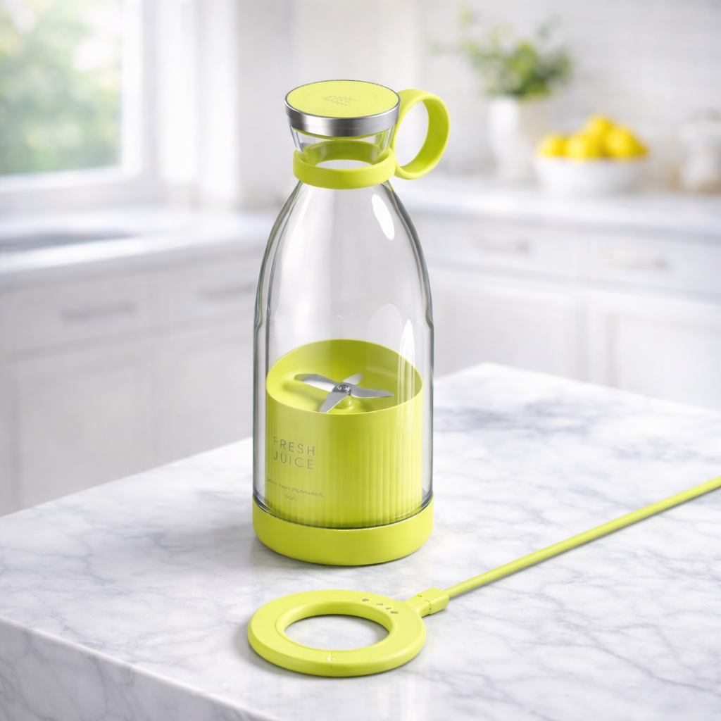 Green portable blender on a marble surface with a kitchen background BLENDER