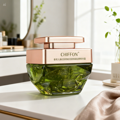 Green skincare product with rose gold lid on a white surface, brand &