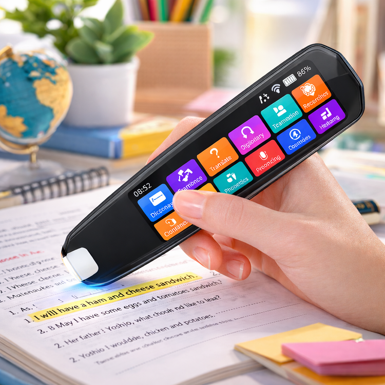 Hand holding a colorful electronic device over a book with a blurred classroom background