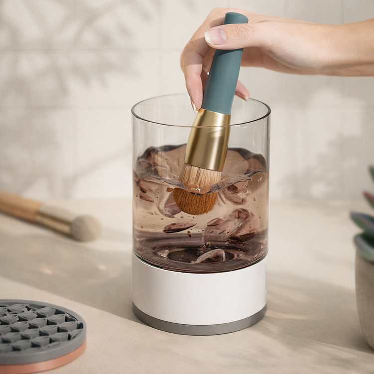 Hand using a brush to clean a glass container with a white background