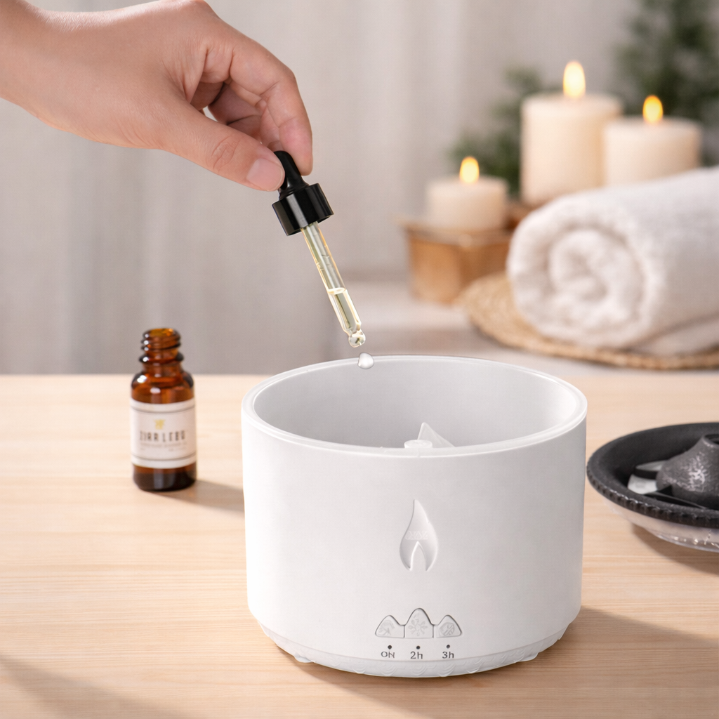 Hand using a dropper to add liquid into a white diffuser with candles and towels in the background.