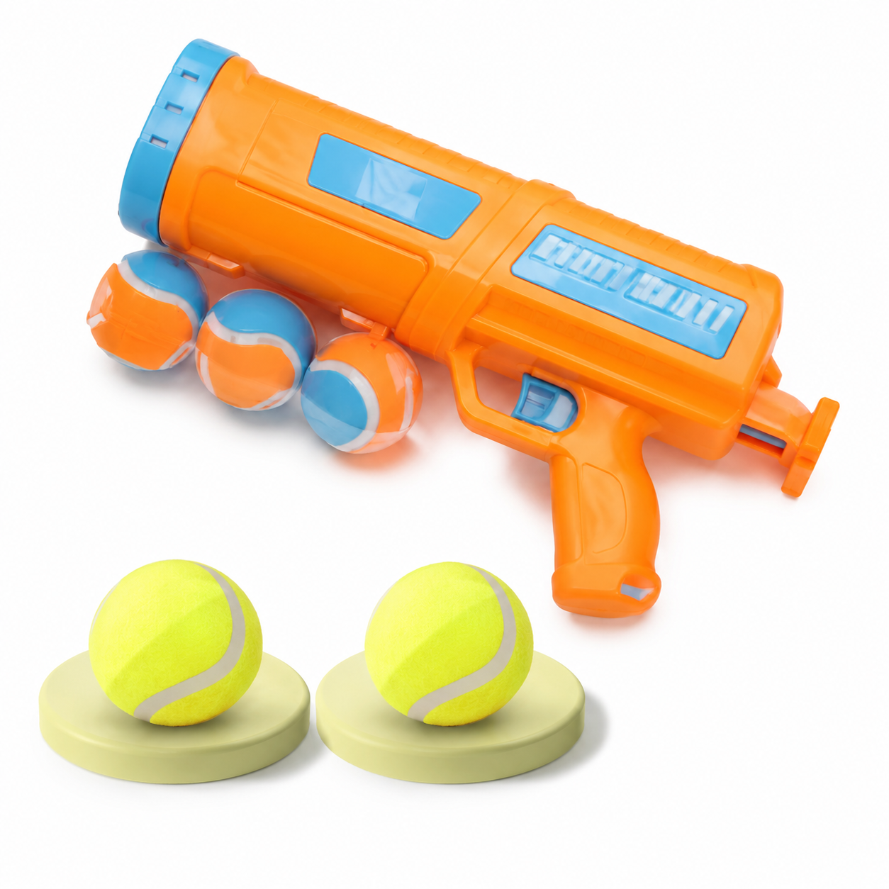Orange tennis ball launcher with blue accents and tennis balls on a white background