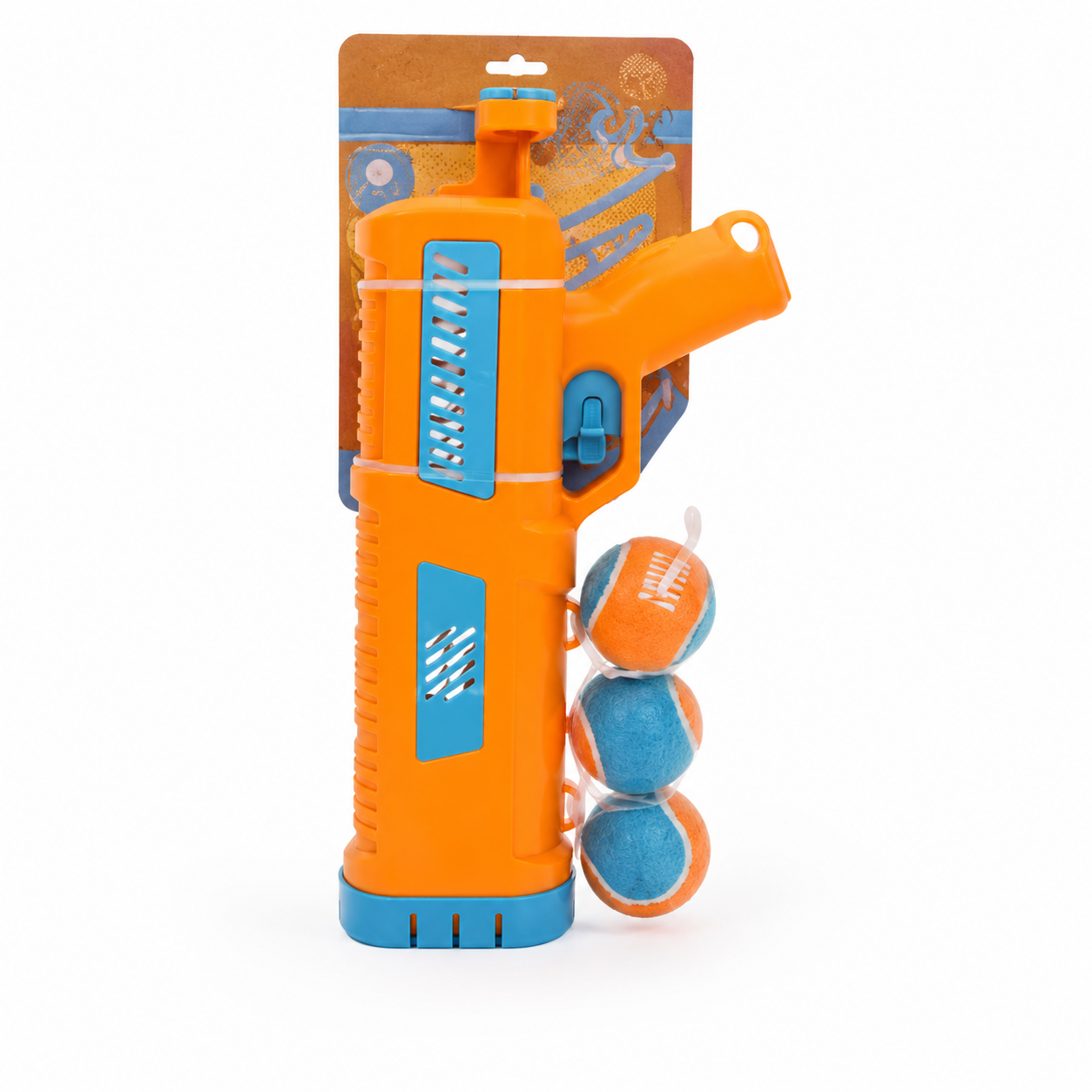 Orange and blue toy gun with tennis balls on a white background