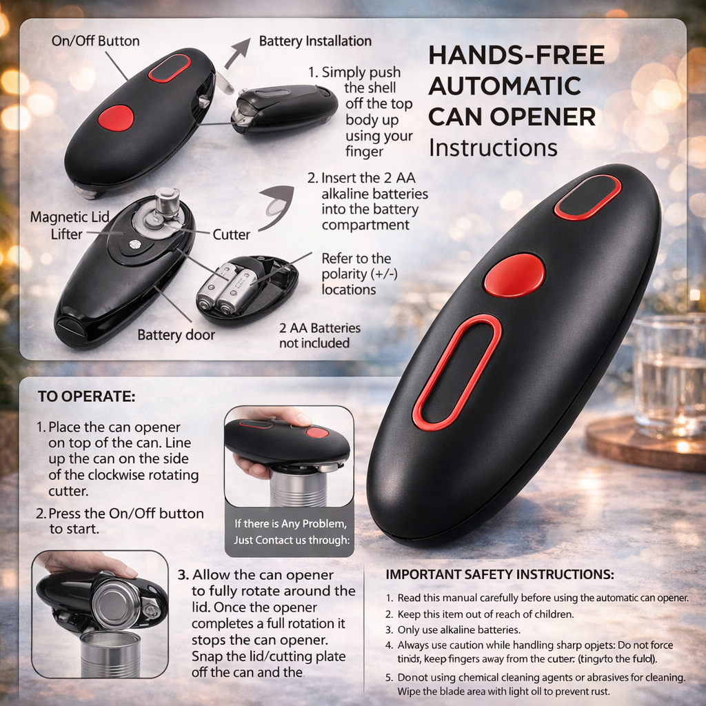 Hands-free automatic can opener with instructions and safety information on a blurred background