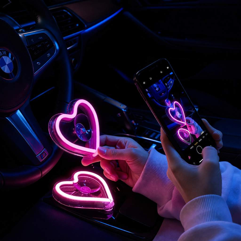 Heart-shaped neon light held by a person inside a car, with another hand taking a photo.
