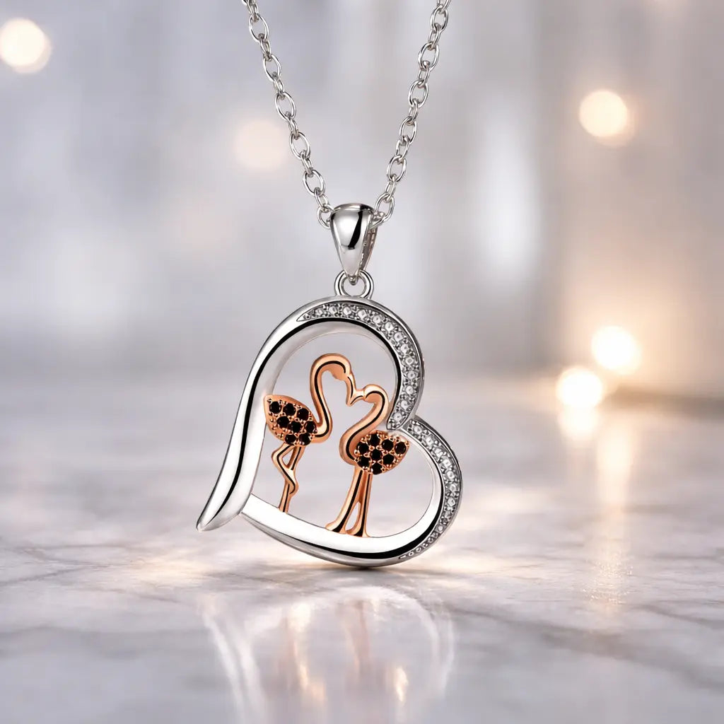 Rose gold swan necklace for women with heart design, featuring two swans and black stones on a silver chain.