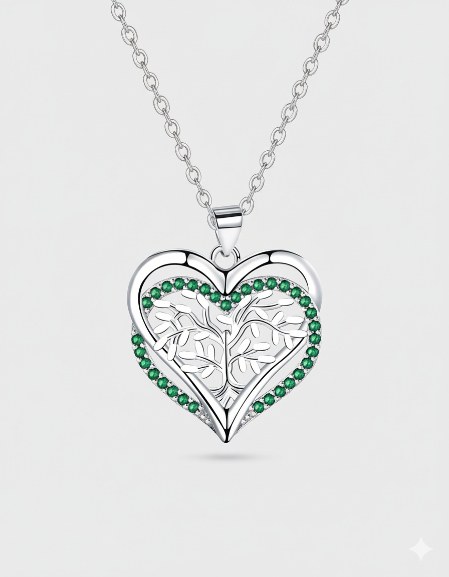 Heart-shaped silver pendant with green gemstones on a white background