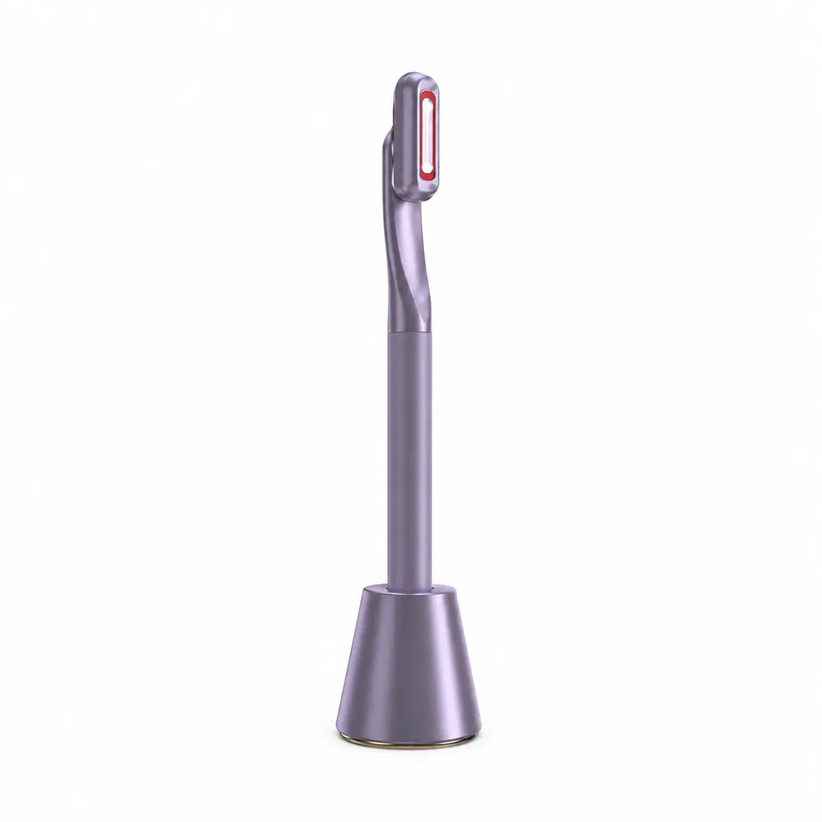 Facial massager wand in lavender color standing upright on its base with a red light indicator