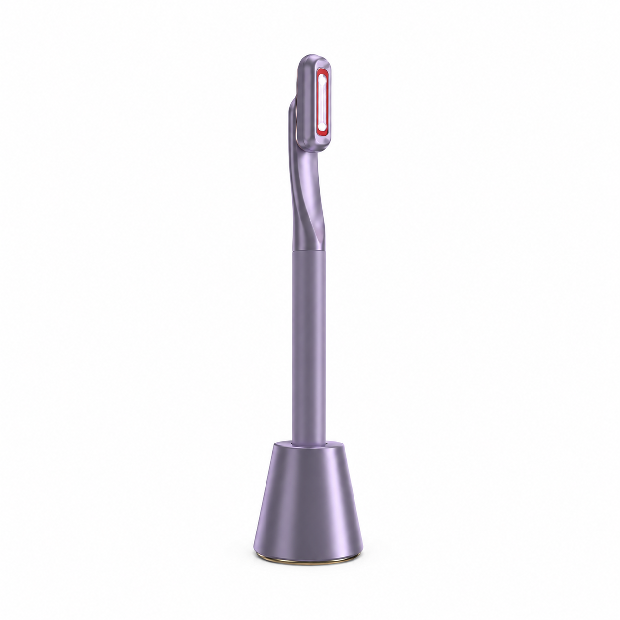 Silver handheld device with a red light on a white background