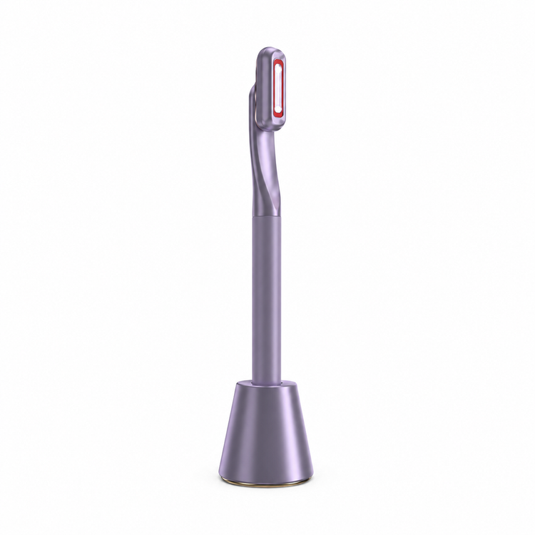 Silver handheld device with a red light on a white background