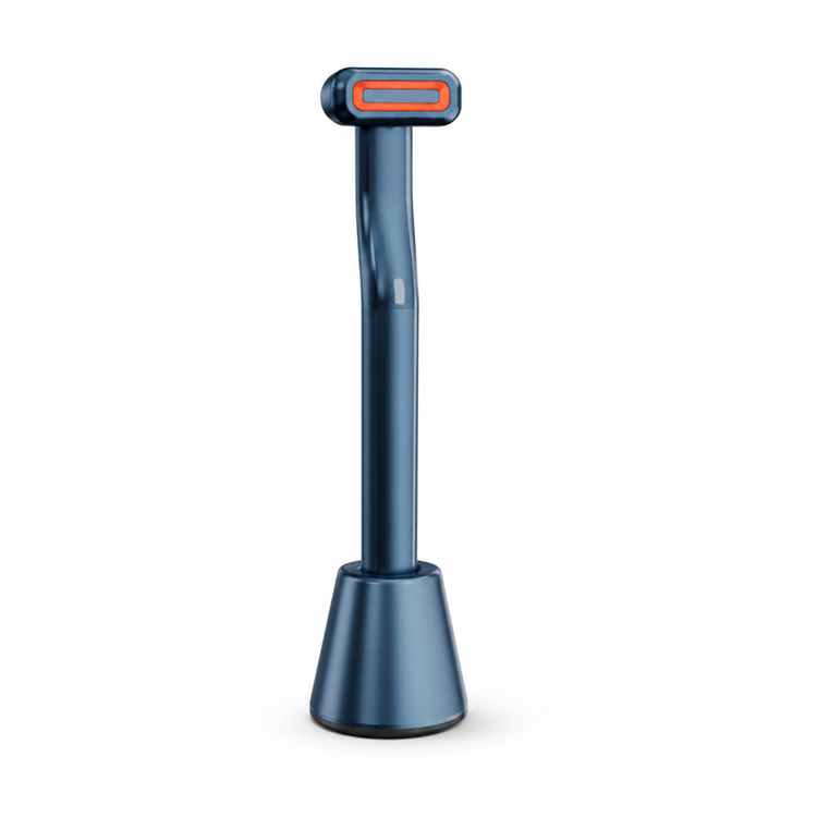 Blue handheld device with a red light on a white background