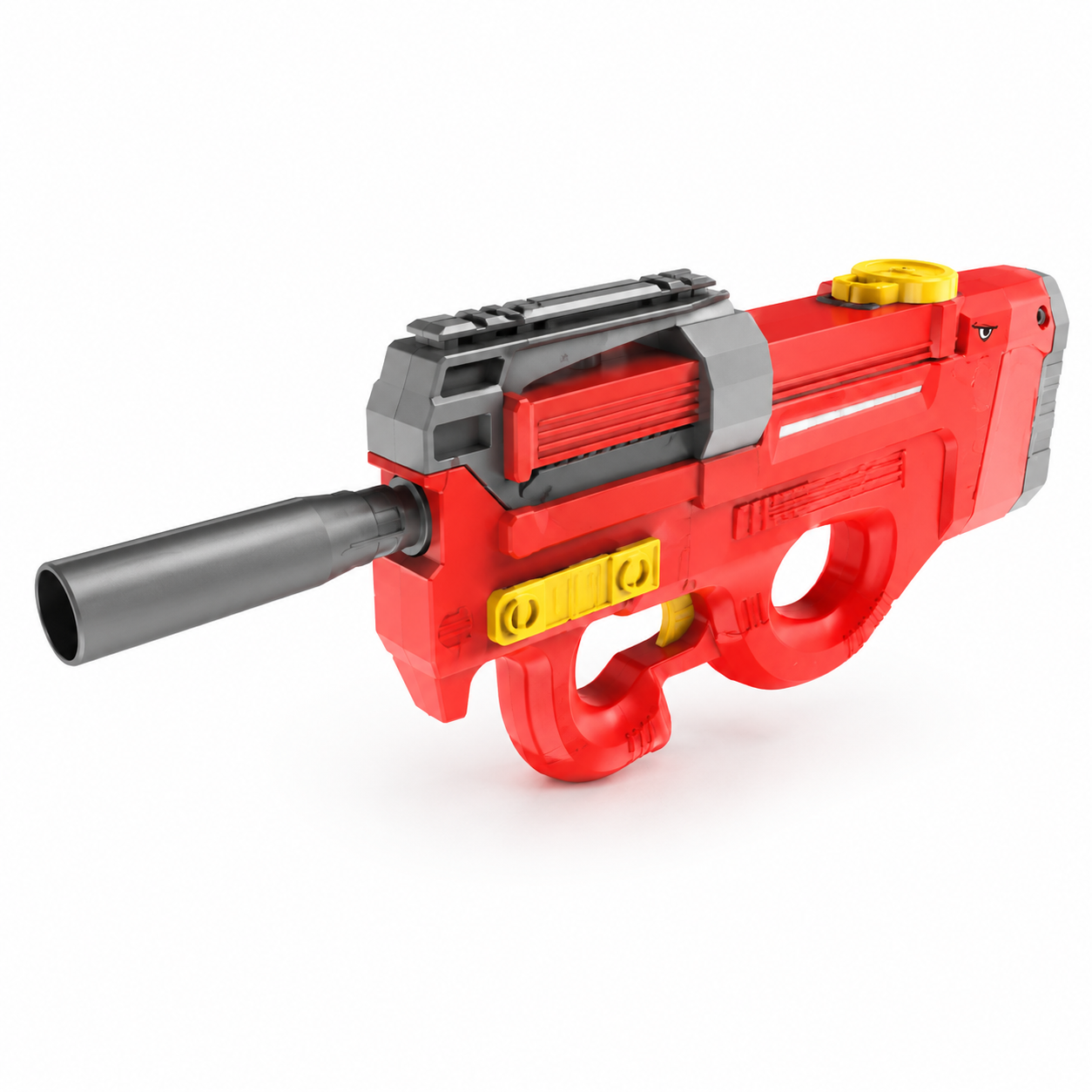 Red toy gun with gray and yellow accents on a white background