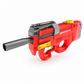 Red toy gun with gray and yellow accents on a white background
