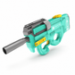 Turquoise toy gun with gray and yellow accents on a white background