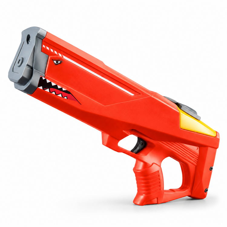 Red toy gun with a shark mouth design on a white background
