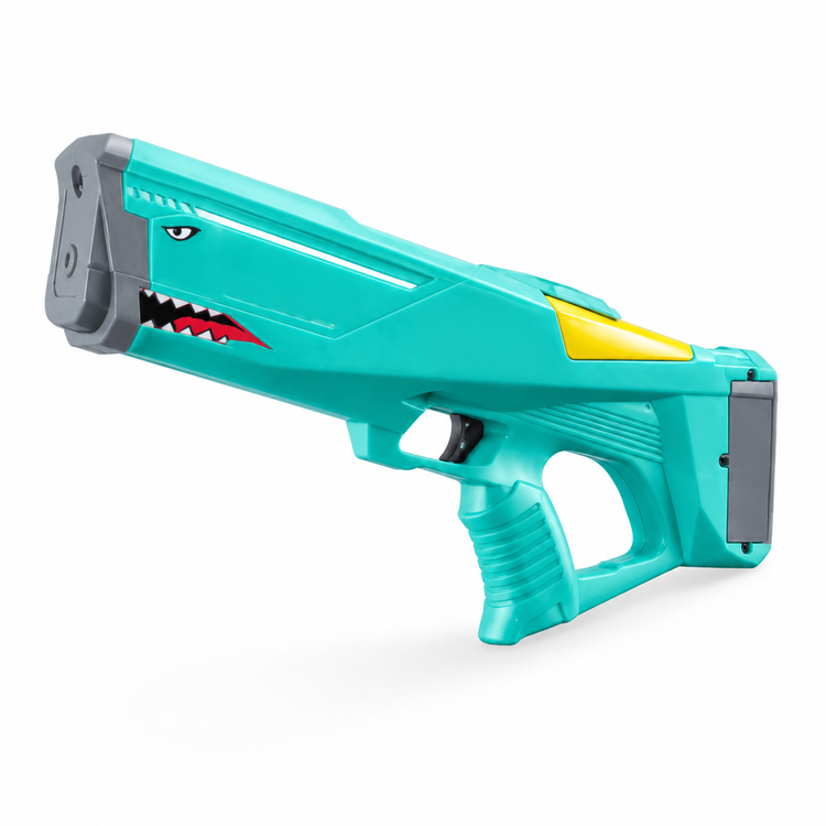 Turquoise toy gun with shark design on a white background