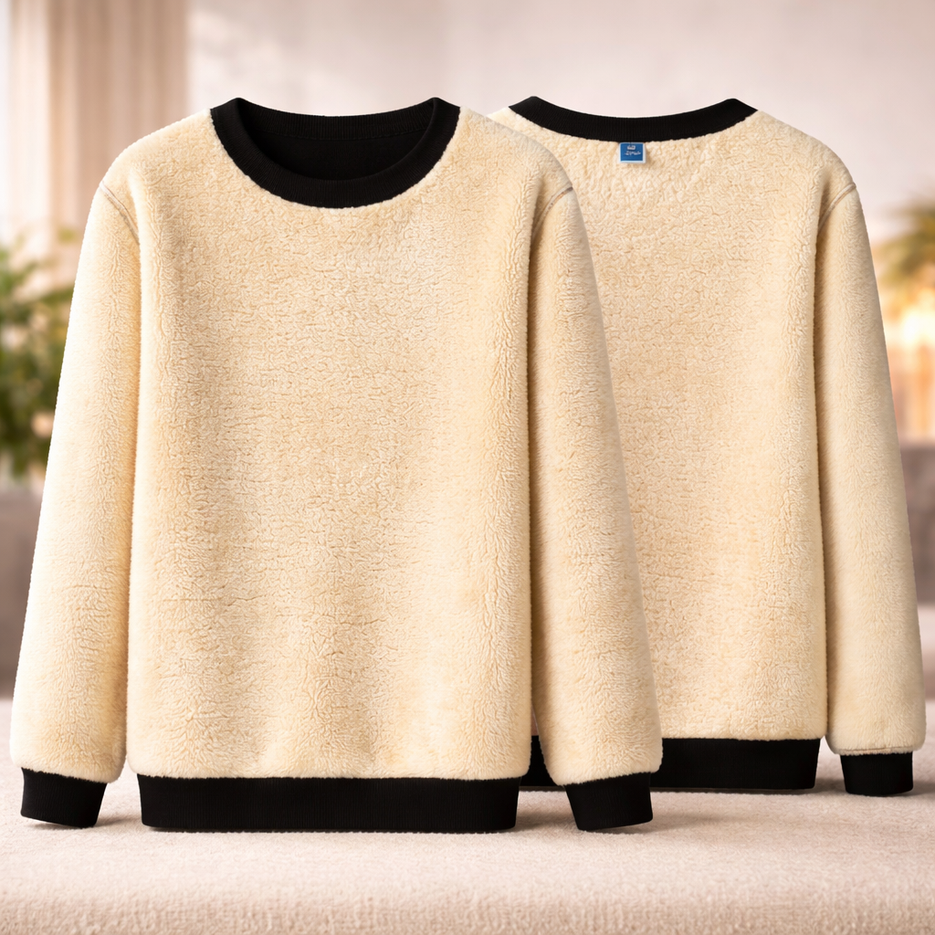 Inner Male Model Using Black Fleece-Lined Men’s Winter Berber Sweater With Apricot Wool Inner Linings
