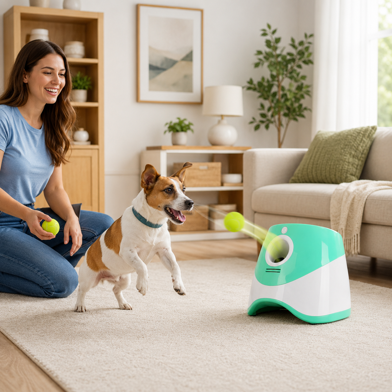 Woman playing with a dog and a green and white pet toy in a living room.