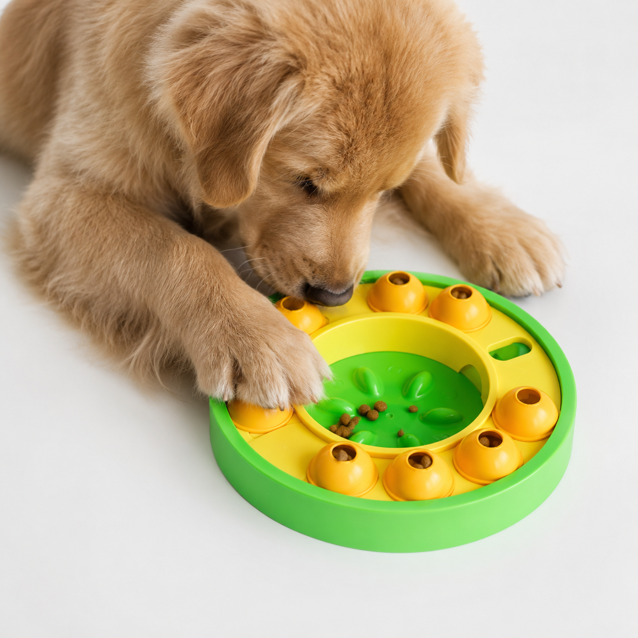 Dog playing with a green and yellow puzzle toy on a white background