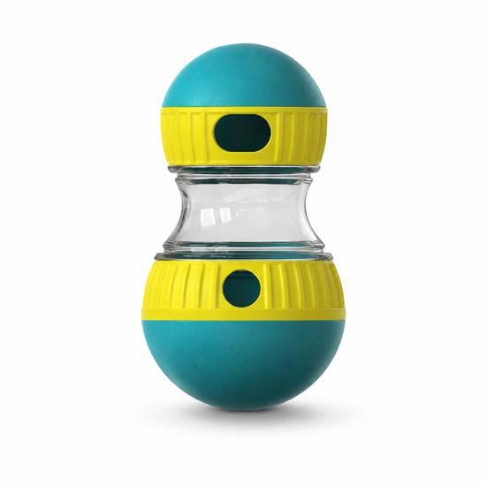 Clear container with teal and yellow accents on a white background