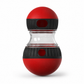 Red and black spherical device with a clear center on a white background
