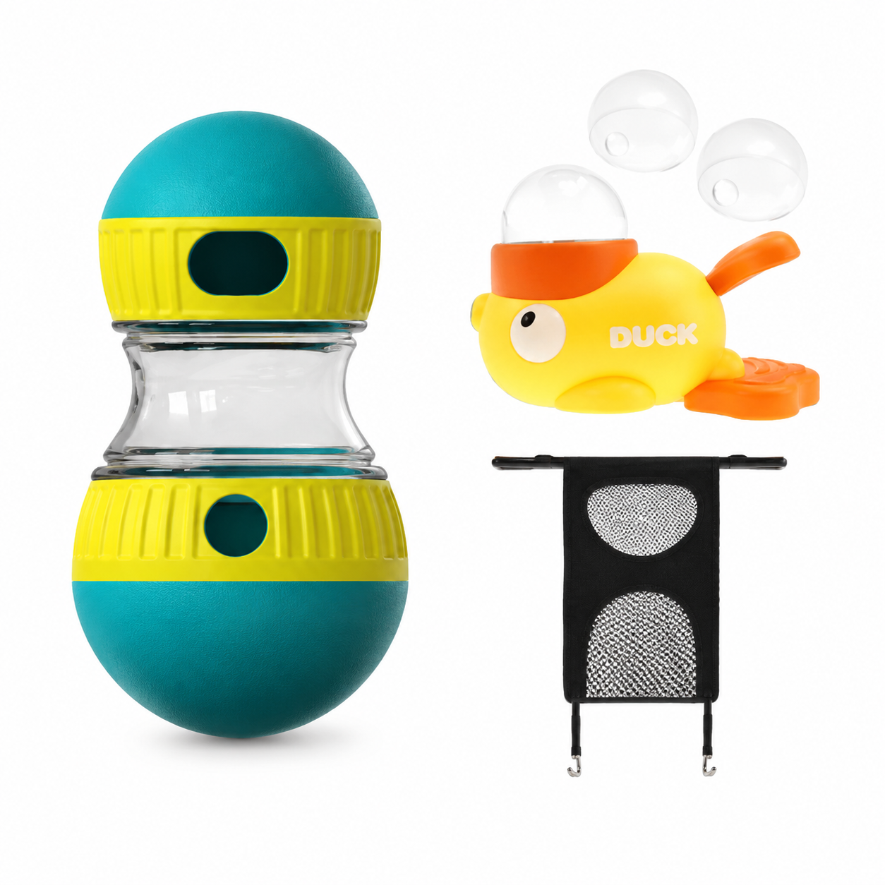 Colorful bubble machine, duck-shaped bubble blower, and bubble solution holder on a white background