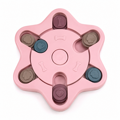 Pink dog toy with multiple buttons on a white background