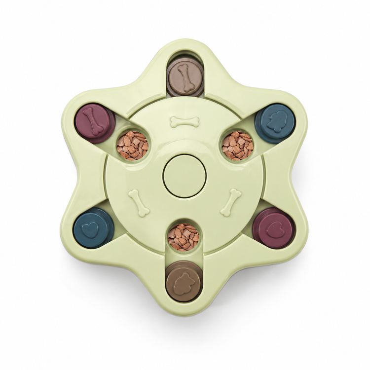 Pet puzzle toy with multiple compartments on a white background