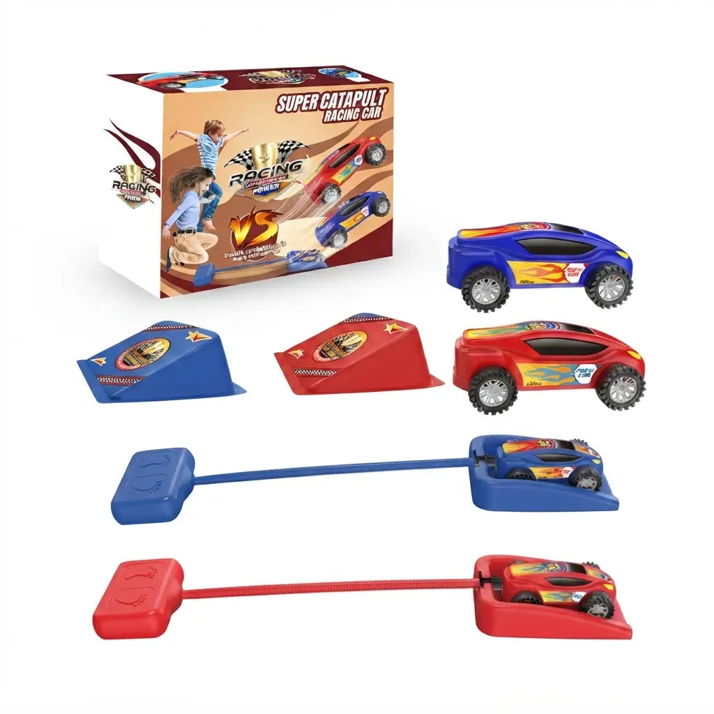 Super Catapult Racing Car toy set with a blue and red racing car, two catapult ramps in blue and red, and a branded retail box on a white background.