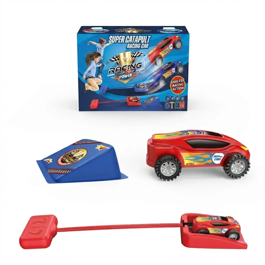 Super Catapult Racing Car toy set with its retail box, a red race car, a blue ramp, and a red catapult bar on a white background.
