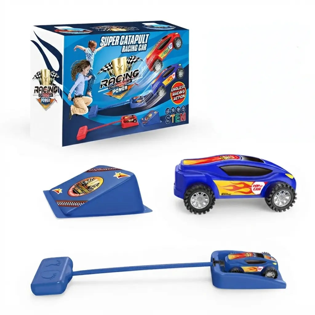 Toy racing set with packaging, cars, and catapult on a white background
