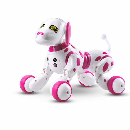 White and pink toy dog with electronic components on a white background