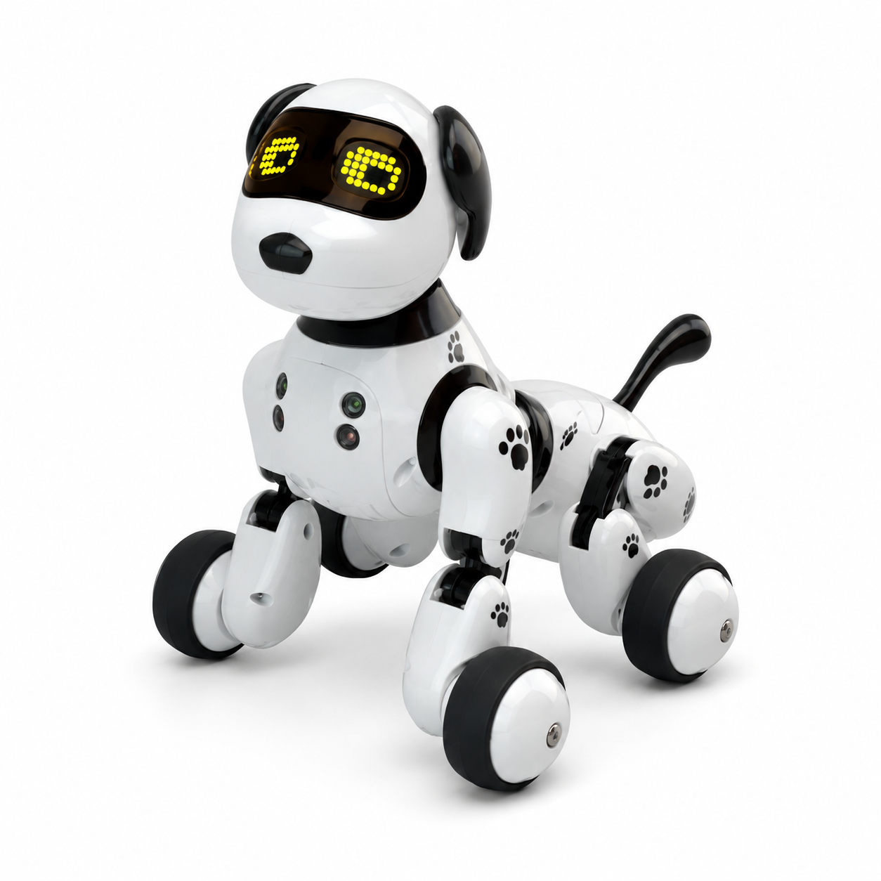 White robot dog with digital display on a white background