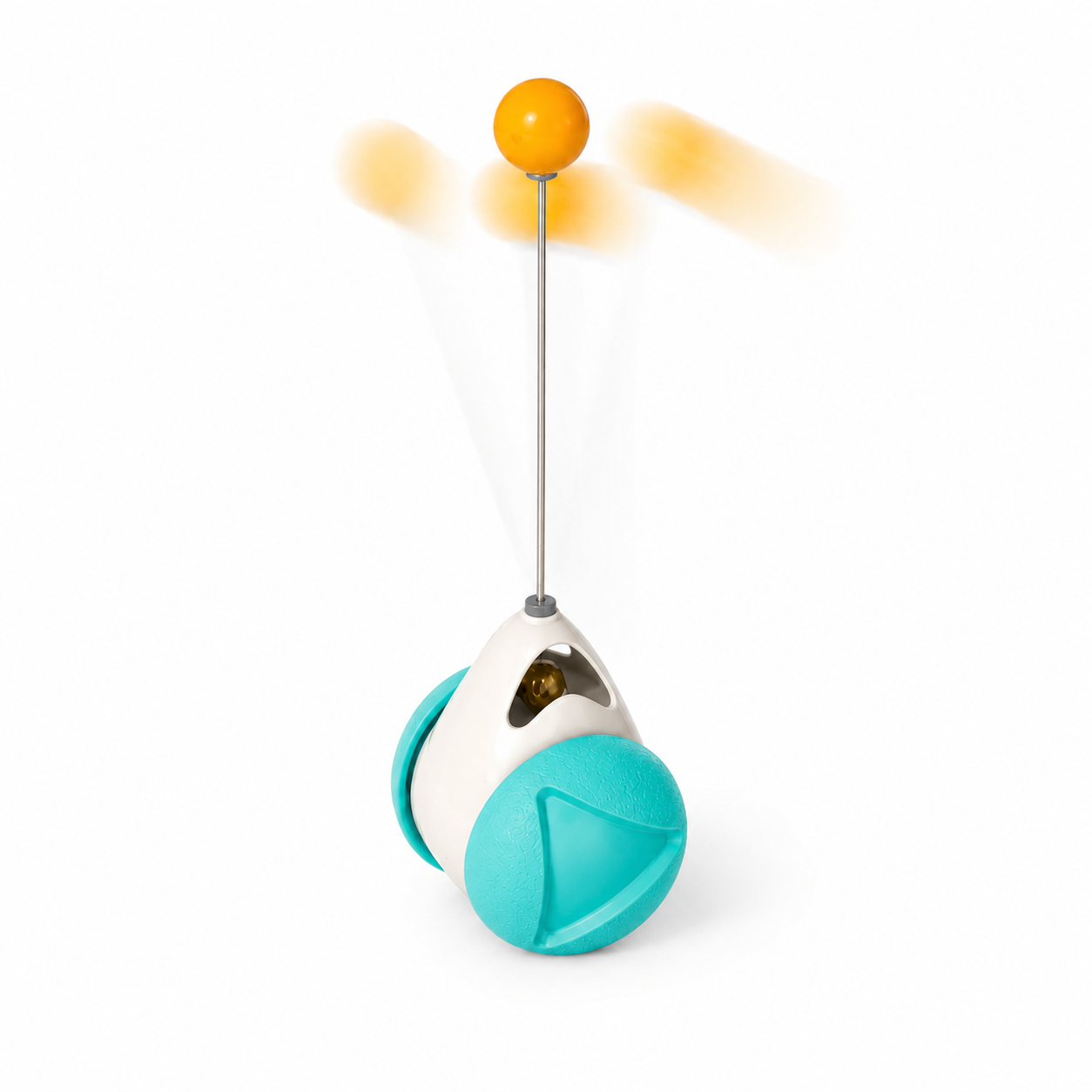 Toy with a yellow ball on top and turquoise base on a white background