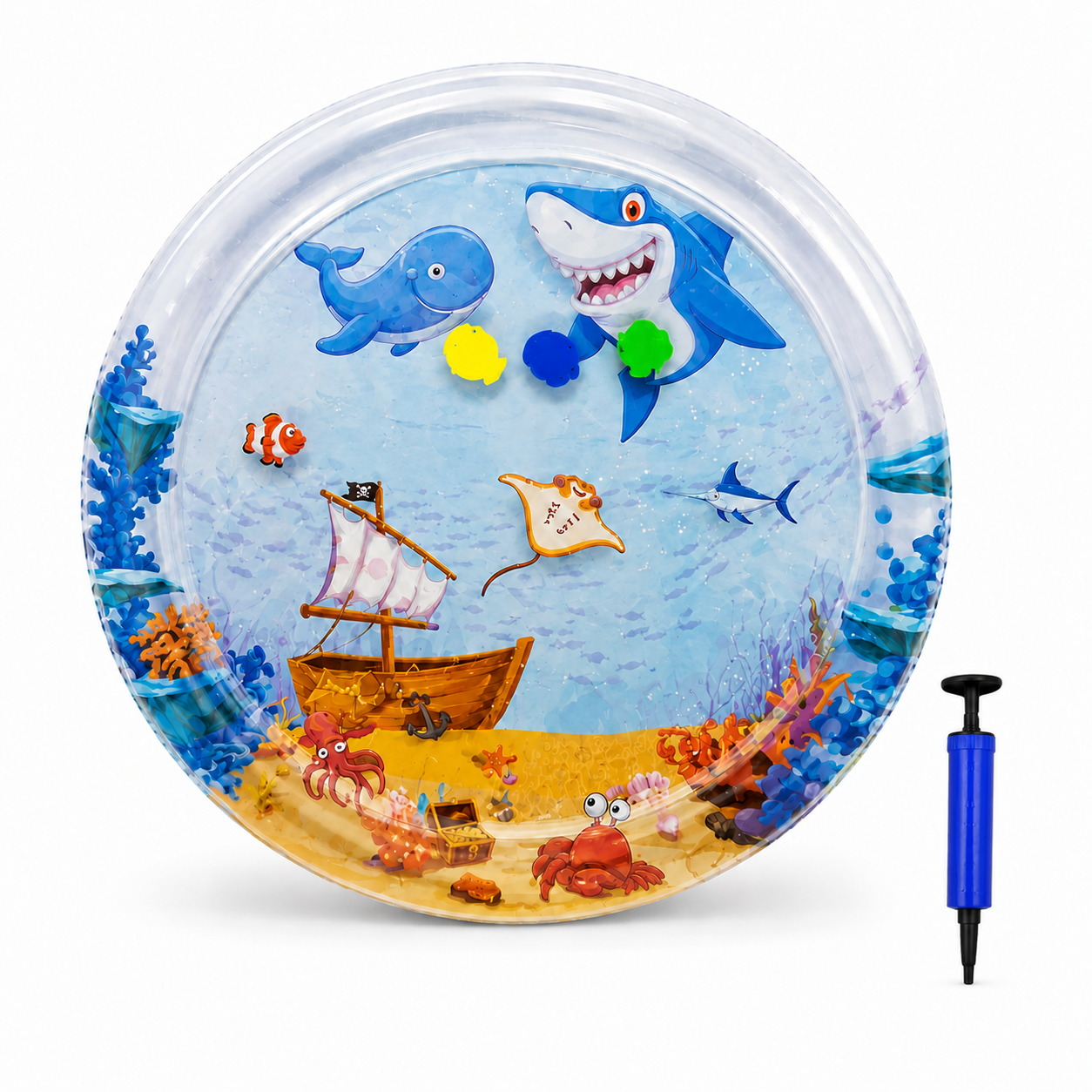 Decorative fishbowl with underwater scene, including a shark, whale, and various sea creatures, on a white background.