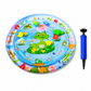 Inflatable water mat with frog design and pump on a white background