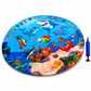 Round inflatable pool with underwater scene design, including fish and sea creatures, on a white background.