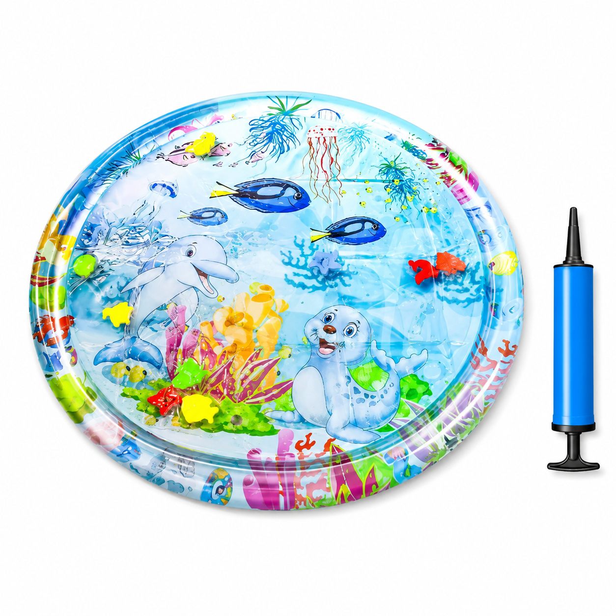 Inflatable pool with ocean-themed design and pump on a white background