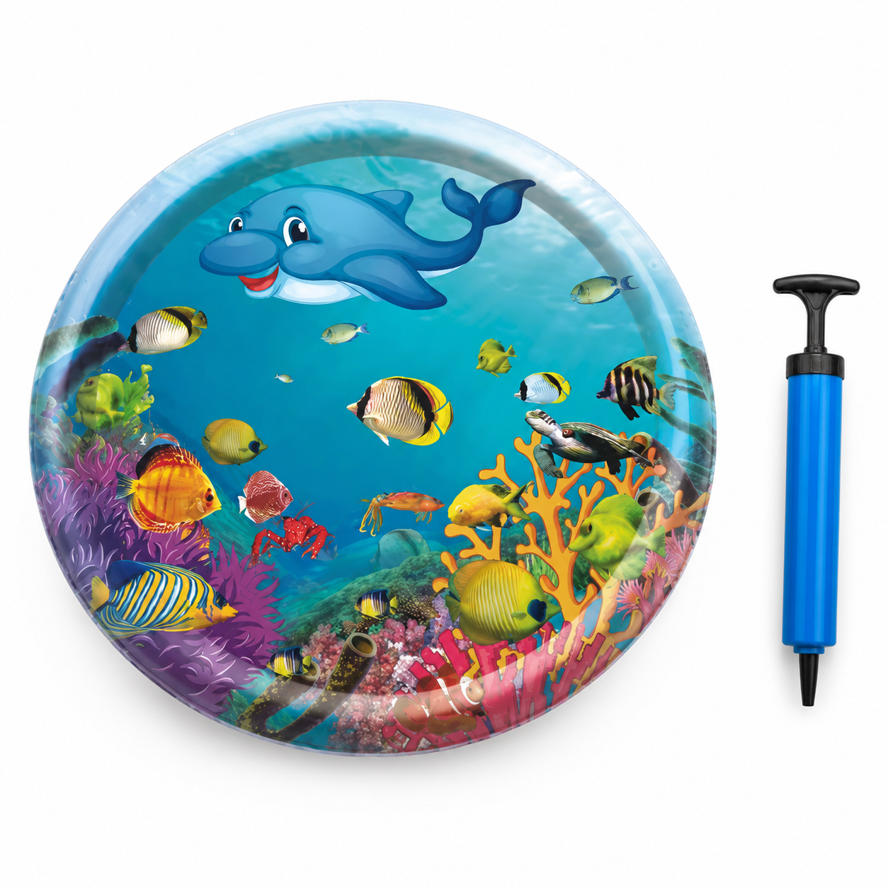 Inflatable pool with ocean-themed design and pump on a white background