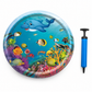 Inflatable pool with ocean-themed design and pump on a white background