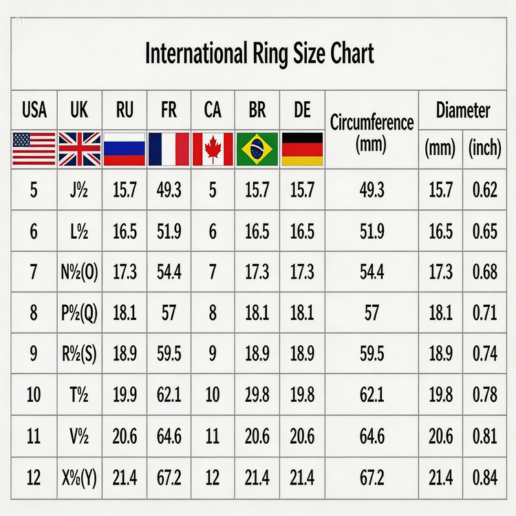 International Ring Size Chart with various country flags and corresponding ring sizes.