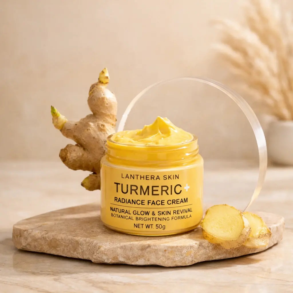 turmeric radiance face cream in open yellow jar on stone base with turmeric root beside