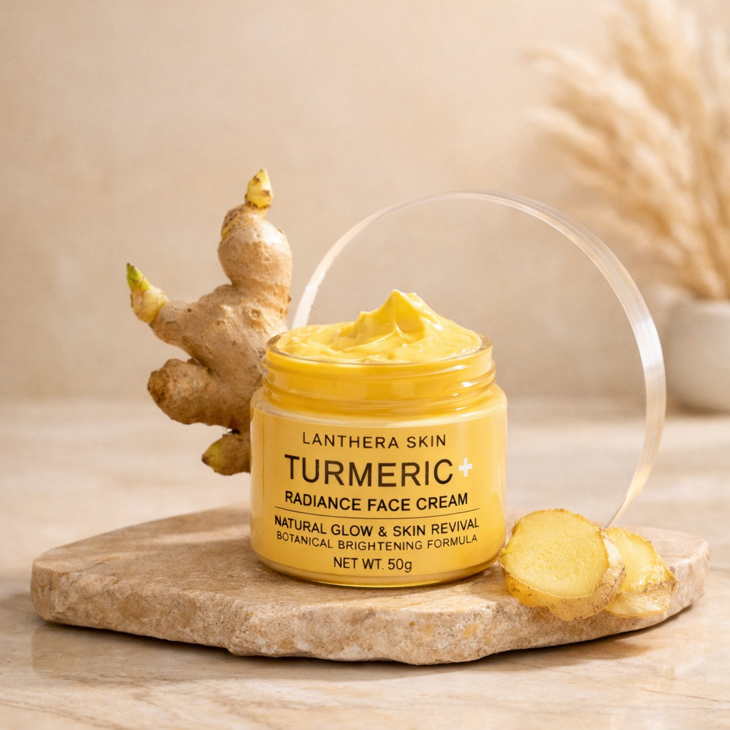 Jar of Lanthera Skin Turmeric Radiance Face Cream with turmeric root on a wooden surface