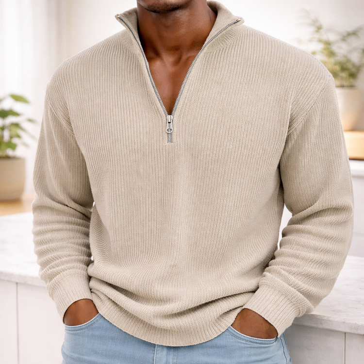 Khaki Men’s Corduroy Stand-Collar Zip Sweatshirt