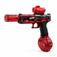 A red and black toy paintball gun with a transparent red body, black grip, and a red monomollette magazine, shown on a white background.