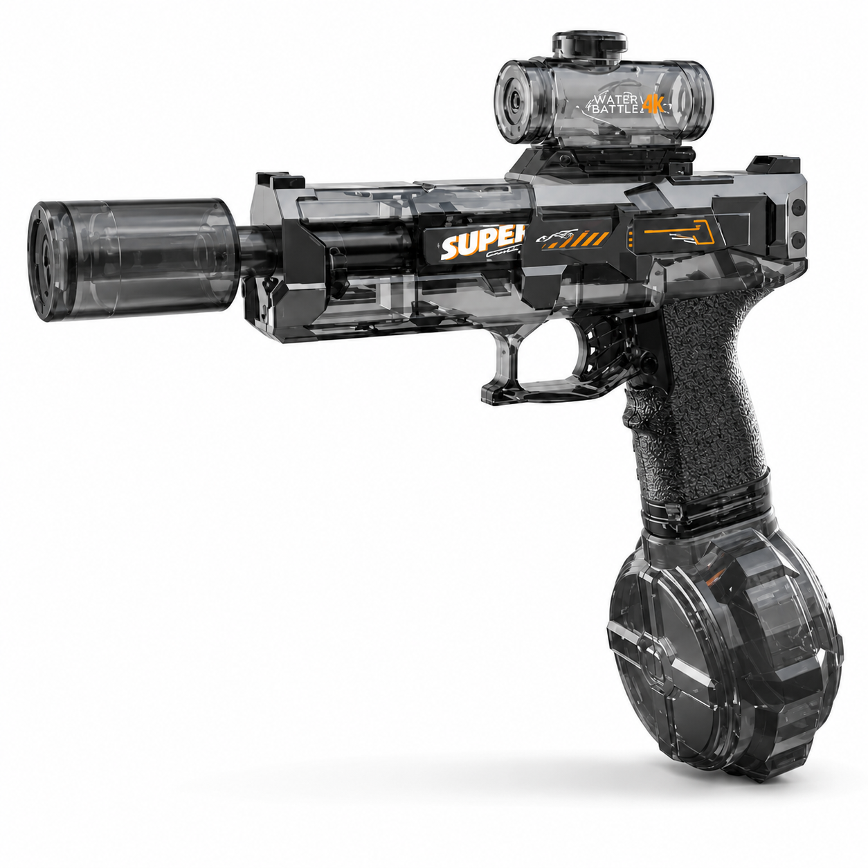 A black and transparent plastic toy blaster with a mounted scope and a round magazine, shown on a clean white background.