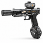 A black and transparent plastic toy blaster with a mounted scope and a round magazine, shown on a clean white background.